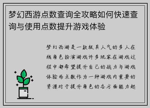 梦幻西游点数查询全攻略如何快速查询与使用点数提升游戏体验